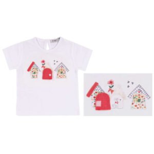 Λευκό κοντομάνικο μπλουζάκι για μικρά κορίτσια σχέδιο από μικρά σπιτάκια σε ζωηρές αποχρώσεις
