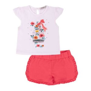 Σετ για μικρά κορίτσια με σορτς σε κοραλλί χρώμα και λευκή μπλούζα