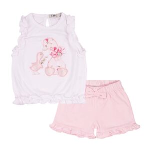 EMC Καλοκαιρινό βαμβακερό σετ για μικρά κορίτσια με λευκό t-shirt και ροζ σορτς
