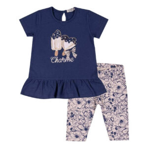 EMC Καλοκαιρινό σετ για κορίτσια με T-Shirt σε μπλε χρώμα και κολάν με φλοράλ σχέδιο